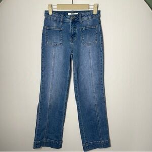 Bayeas Mid Rise Patch Pocket  Wide Leg Jeans Blue 24 (P) Blue Denim Front Seam